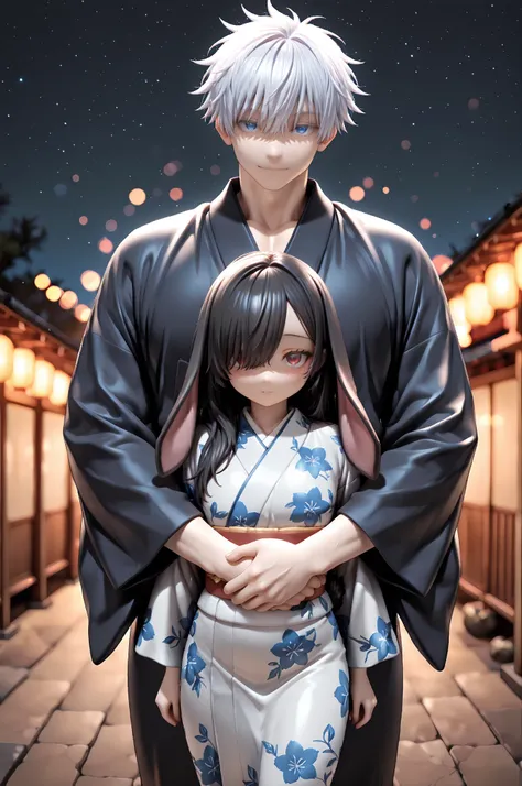 couple, hetero, duo focus, size difference, height difference, being hugged from behind, night, stars, bokeh, 1girl, lop-eared rabbit kemonomimi, rabbit ears, rabbit tail, red eyes, hair over right eye, black hair, large breasts, petite, intricate kimono, ...