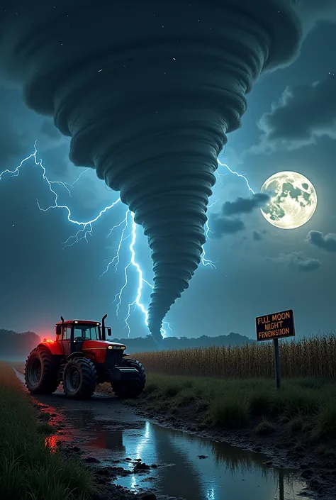 A realistically rendered image capturing a close-up of a fierce chibi-style tornado confidently bouncing lightning bolts into its interior next to a mud-splattered red tractor near a farm at night. The tornado is strong, sweeping everything around it and i...