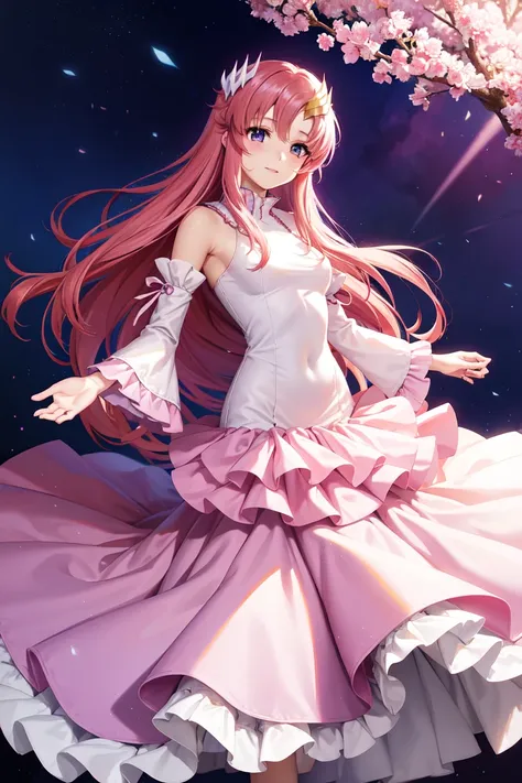 lacus clyne, (purple eyes:1.1), hair ornament, long hair, wave hair ornament, pink hair,dress, long dress, long sleeves, white sleeves, frills frilled skirt, frilled sleeves, detached sleeves, bare shoulders,

