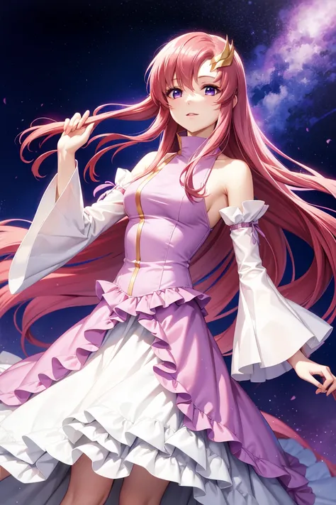 lacus clyne, (purple eyes:1.1), hair ornament, long hair, wave hair ornament, pink hair,dress, long dress, long sleeves, white sleeves, frills frilled skirt, frilled sleeves, detached sleeves, bare shoulders,

