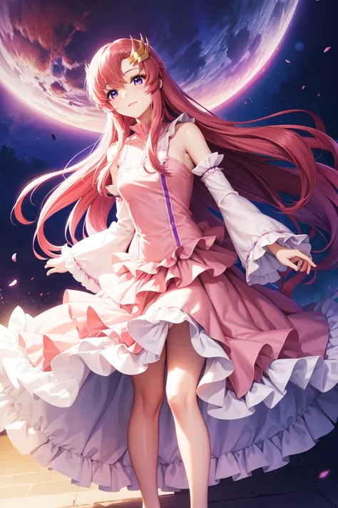 lacus clyne, (purple eyes:1.1), hair ornament, long hair, wave hair ornament, pink hair,dress, long dress, long sleeves, white sleeves, frills frilled skirt, frilled sleeves, detached sleeves, bare shoulders,

