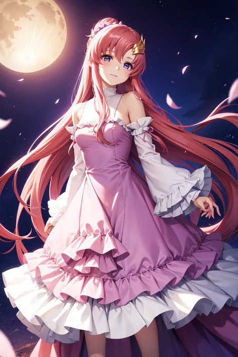 lacus clyne, (purple eyes:1.1), hair ornament, long hair, wave hair ornament, pink hair,dress, long dress, long sleeves, white sleeves, frills frilled skirt, frilled sleeves, detached sleeves, bare shoulders,

