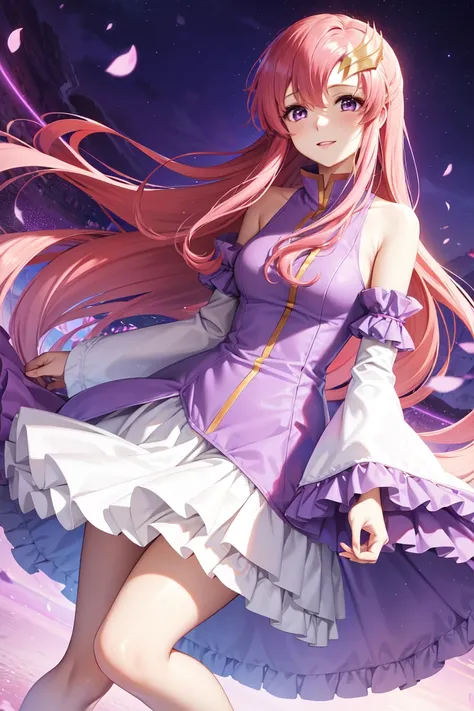 lacus clyne, (purple eyes:1.1), hair ornament, long hair, wave hair ornament, pink hair,dress, long dress, long sleeves, white sleeves, frills frilled skirt, frilled sleeves, detached sleeves, bare shoulders,

