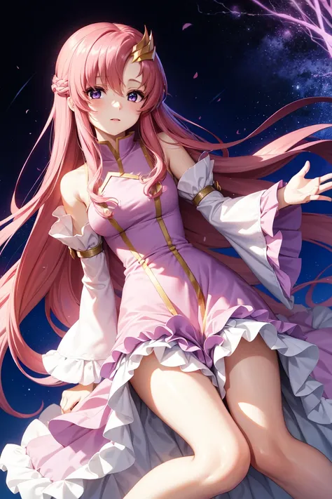 lacus clyne, (purple eyes:1.1), hair ornament, long hair, wave hair ornament, pink hair,dress, long dress, long sleeves, white sleeves, frills frilled skirt, frilled sleeves, detached sleeves, bare shoulders,

