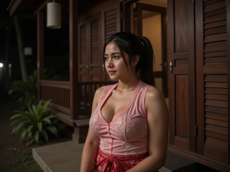 a beautiful malay woman, tied hair, huge breasted, big mega breasts, smooth and soft white skin, wearing an airy-breasted floral-patterned pink dress, wearing a traditional Indonesian kebaya pink, visible cleavage and red kebaya, sarong as a skirt, sitting...