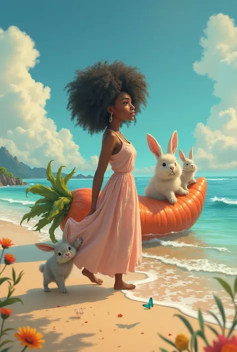 A curly-haired black woman with bunnies sailing on a beach with a carrot boat