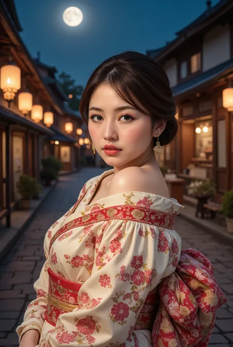 (((full body))), (((full body shot))), best quality, masterpiece, super high resolution, beautiful Japanese girl, Kind Face, green eyes, kind smile, Curvy Body, big boobs, updo brown hair, Japanese female Cloth Outfit, Japanese kimono, (((off shoulders:1.5...