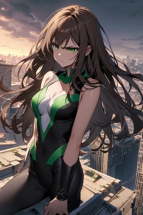  A teenage girl with dark brown Mullet long hair , who has fierce green eyes .  She wears a white spider-woman uniform with black details , And having a spider symbol in the middle of her chest.  She is standing on top of a building looking at a city with ...