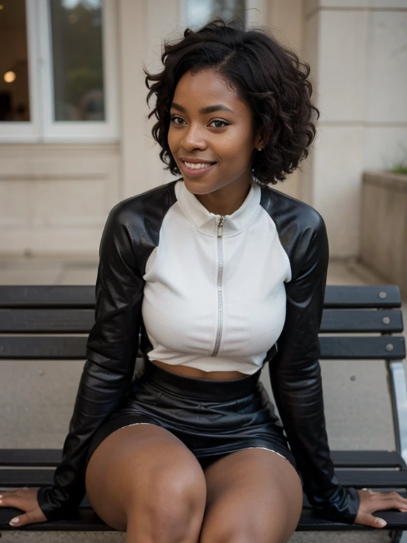 African black woman, very dark ebony skin, Happy, afro haircut, Fitness musclular body, leather tracksuit dress, sitting on the bench with her legs spread, close-up portrait, from face 