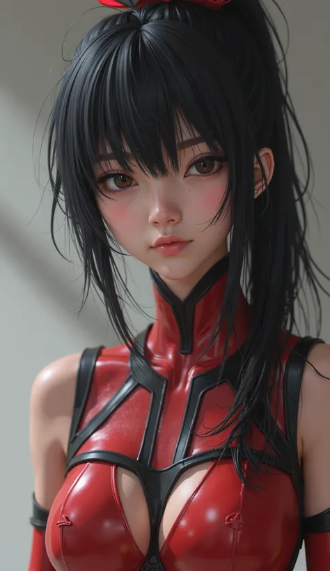  live action 、Genuine、A beautiful Japanese girl wearing an Evangelion costume ,   black hair、 ponytail on panty、 The first large Evangelion unit is depicted in the background., Extremely fine skin texture ,  beautiful、 Highly Detailed Facial Features,  com...