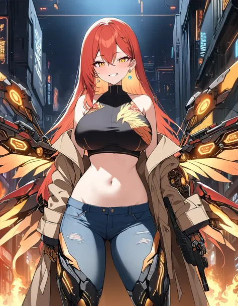 more details, cowboy shot, masterpiece, best quality ,   Ultra Fine, 16k,{Big Breasts ,adult woman,(((phoenix motif girl))),(cyborg),   cyberpunk} {((orange and red hair)),long hair,((Fire motif hair))} Popup, crystal earrings, {{((orange odd eyes)),((Gold...