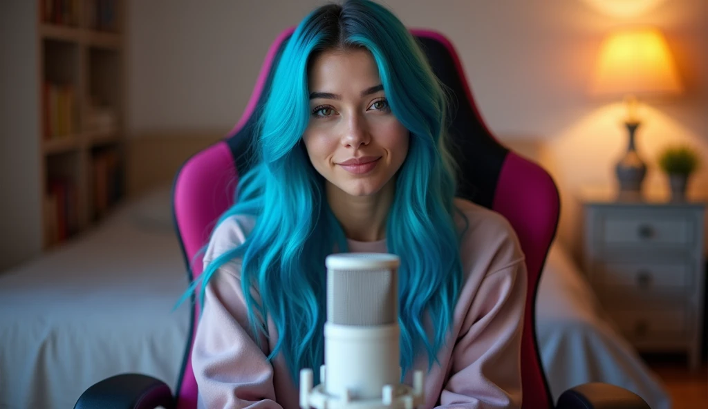 "A young, charismatic woman with vibrant blue hair sits in her cozy bedroom. She is seated facing forward in a sleek black gaming chair with pink accents. A stylish white Fifine XLR AM8 Dynamic Cardioid Microphone is positioned in front of her, giving a pr...