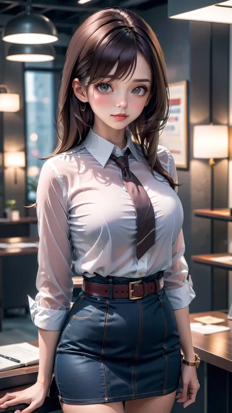 beauty young office woman, standing posed, inside building, (long straight hair, forehead), BREAK, (3/4 sleeves blouse shirt (+ black and white blouse shirt , gray tone blouse shirt ), dark denim pencil mini skirt with brown belt), BREAK, (1girl, solo, ful...