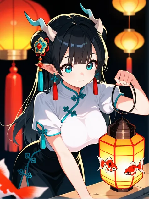  1 GIRL, Alone,  long hair,  blue eyes,   black hair,   Aqua Eyes,  happy,  closed her mouth, Medium Boobs,  hair bun,   Double Bang , horn,blunt bangs,   object , looking at  lantern, holding  lantern, bend over,  shirt,  skirt by humili,  Long Sleeve, ri...