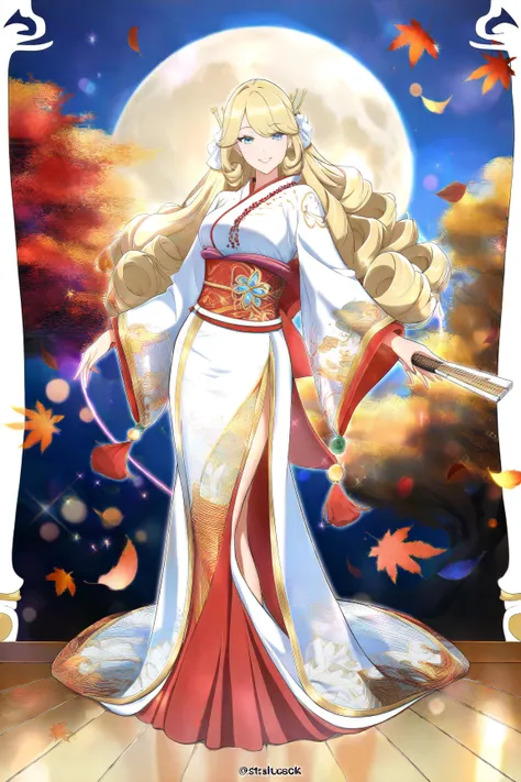 A beautiful mature woman is alone under a small autumn tree growing on the lakeside。
( Masterpiece,  top quality,  very detailed depiction,16k, drawn by a professional illustrator , High quality anime picture ),
( glitter kimono based on red and white with...