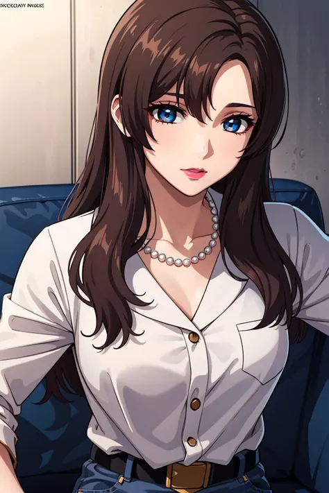 bangs,brown_hair, long_hair,red eyes,lipstick,makeup,
BREAK (belt, jeans, pearl_necklace, bracelet, black gloves, white shirt:1.2)
BREAK from behind,  ((magazine cover)), lineart, colorful, magazine title, text,
BREAK (masterpiece:1.2), best quality, high ...