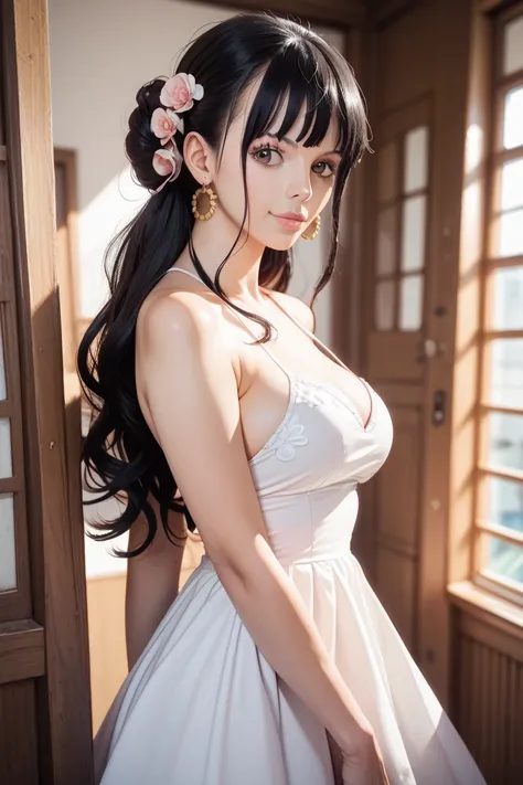 photo realistic, one japanese girl, white one piece dress,black hair, 