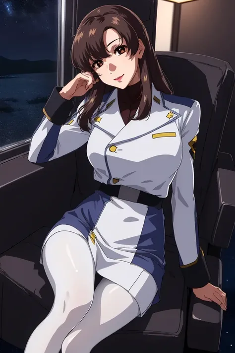 (Night:1.7),Space Battleship in Space,
Sitting on white_armchairs,
Military uniform, Military,Jacket,Blue and white uniform,Skirt,
(Black_pantyhose:1.3), 
Bangs,brown_hair, long_hair,Red Eyes,lip stick,makeup, 
1 girl,27yo,Female,Beautiful Finger,Beautiful...