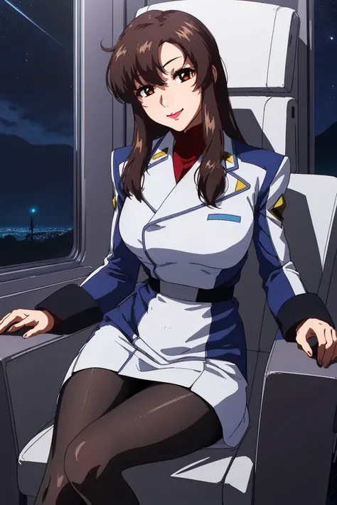 (Night:1.7),Space Battleship in Space,
Sitting on white_armchairs,
Military uniform, Military,Jacket,Blue and white uniform,Skirt,
(Black_pantyhose:1.3), 
Bangs,brown_hair, long_hair,Red Eyes,lip stick,makeup, 
1 girl,27yo,Female,Beautiful Finger,Beautiful...