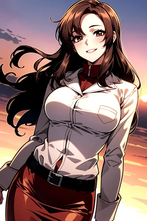 （（super high quality,Ultra-high resolution,16K,super masterpiece,Ultra HD ,Detailed shading,））A hilltop illuminated by the setting sun,One sexy mature woman,（（popped Tight collar Pink shirts,sexly,））Folded long sleeves,Red pencil skirt,Looking at the camer...