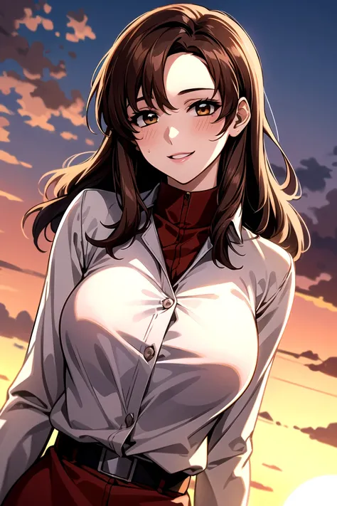 （（super high quality,Ultra-high resolution,16K,super masterpiece,Ultra HD ,Detailed shading,））A hilltop illuminated by the setting sun,One sexy mature woman,（（popped Tight collar Pink shirts,sexly,））Folded long sleeves,Red pencil skirt,Looking at the camer...