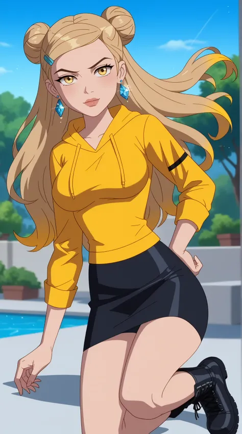 Genevieve "Gen" Tennyson (Gen 10)

Theme Color: Yellow

Hairstyle: Twin buns, with a few loose strands framing her face

Eye Color: Bright golden-yellow

Hair Color: Light brown with golden highlights

Skin Tone: Fair

Outfit:

A stylish yellow cropped hoo...