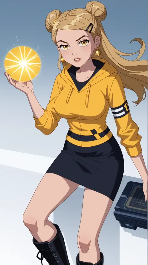 Genevieve "Gen" Tennyson (Gen 10)

Theme Color: Yellow

Hairstyle: Twin buns, with a few loose strands framing her face

Eye Color: Bright golden-yellow

Hair Color: Light brown with golden highlights

Skin Tone: Fair

Outfit:

A stylish yellow cropped hoo...