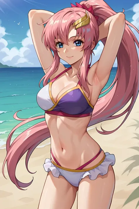 score_9,score_8_up,score_7_up,score_6_up,score_5_up,score_4_up,anime coloring,source_anime,anime,lacusmeer,1girl,solo,blue eyes,pink hair,long hair,ponytail,sidelocks,moon hair ornament,two-tone bikini,arms behind head,smile,standing,beach,