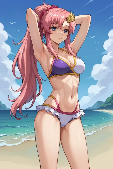 score_9,score_8_up,score_7_up,score_6_up,score_5_up,score_4_up,anime coloring,source_anime,anime,lacusmeer,1girl,solo,blue eyes,pink hair,long hair,ponytail,sidelocks,moon hair ornament,two-tone bikini,arms behind head,smile,standing,beach,