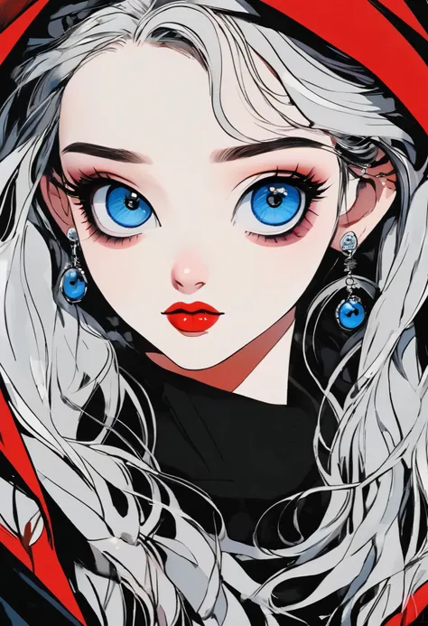 (High Definition, masterpiece, Accurate, top quality, High Definition model, high detail, (((The textures are soft))), ((matte and toy-like with a handmade premium look)), (((Tim Burton style))), dark, Beautiful young white-haired girl with piercing blue e...