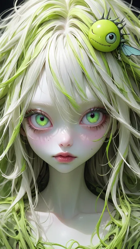  Tim Burton Style、 albino、 neon、 extremely realistic 、yellow green、