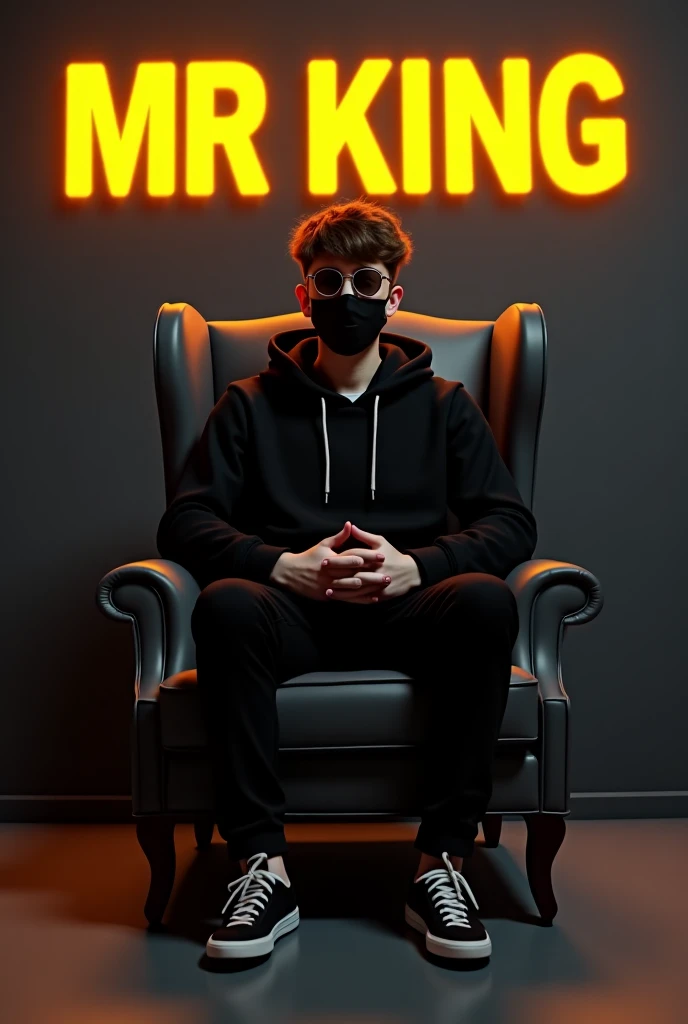 Create a 3D illusion for a profile picture where a 20 Year old cute boy in a black hoodie Sitting casually on a Wingback chair. Wearing sneakers, with black mask, and sunglasses, he looks ahead. The background features "MR KING👑" in big and capital Yellow ...