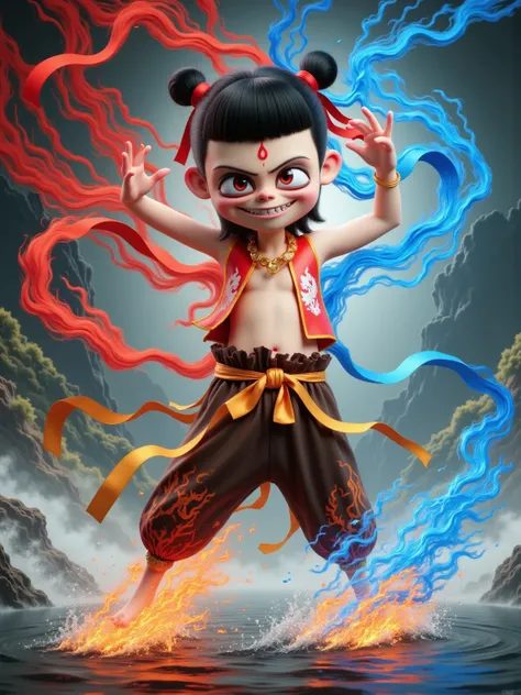 Nezha，The young god of war who combines traditional mythology and cyber aesthetics，Showing the awakening state of the interweaving of magic and divinity。The eyes and eyebrows reveal the sharpness of thousands of years of cultivation，The corners of the mout...