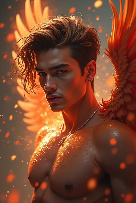 A young 22-year-old man, half human half phoenix, detailed portrait, (best quality,4k,8k,highres,masterpiece:1.2),ultra-detailed,(realistic,photorealistic,photo-realistic:1.37),HDR,UHD,studio lighting,ultra-fine painting,sharp focus,physically-based render...