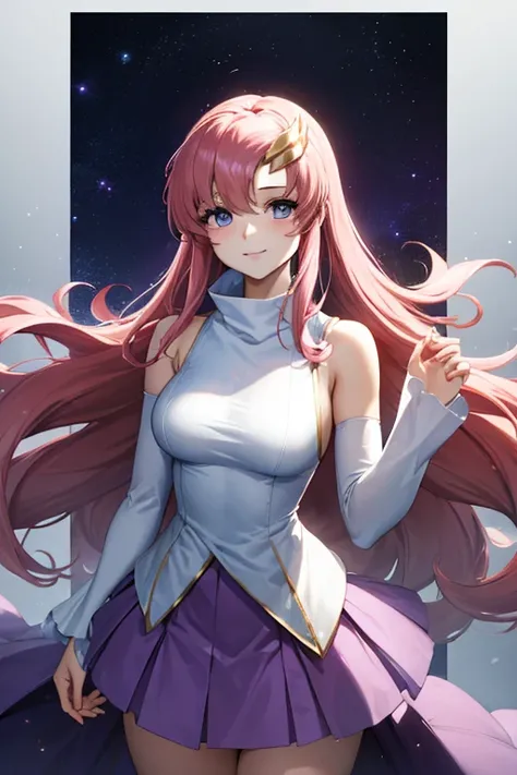 (masterpiece:1.3), (best quality:1.1), (8k, ultra detailed, ultra high res:1.2), ((anime style)), perfect 5 fingers, perfect anatomy, 
1girl,
BREAK long hair, wavy hair, pink hair, purple eyes, shoot from above, 
BREAK(white Turtle Neck, purple skirt, deta...