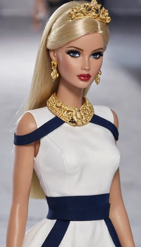 Barbie em um vestido  White  e  navy blue com brincos de ouro, Elegant haute couture, wearing designer dress,  White  +  navy blue +  golden details , Big throat, detailed gold collar , detailed gold collar !!!!!, luxurious fashion , sophisticated dress, v...