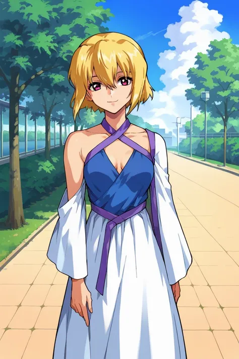 score_9,score_8_up,score_7_up,score_6_up,score_5_up,score_4_up,anime coloring,source_anime,stella,1girl,solo,purple eyes,blonde hair,short hair,two-tone dress,halterneck,smile,standing,outdoors,park,sky,