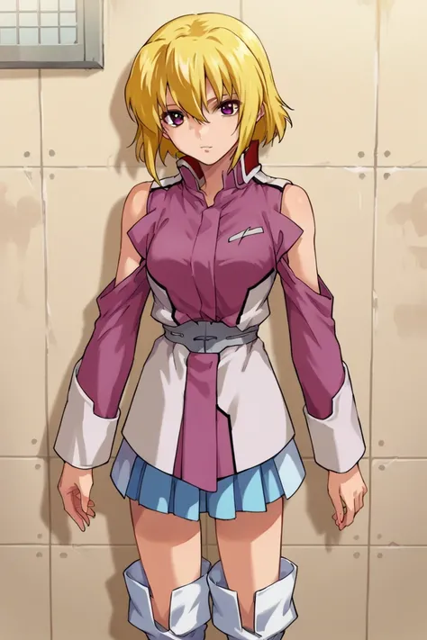 score_9,score_8_up,score_7_up,score_6_up,score_5_up,score_4_up,anime coloring,source_anime,stella,1girl,solo,purple eyes,blonde hair,short hair,pink jacket,shoulder cutout,blue one-piece,thigh boots,leaning_back,against wall,indoors,looking_at_viewer,