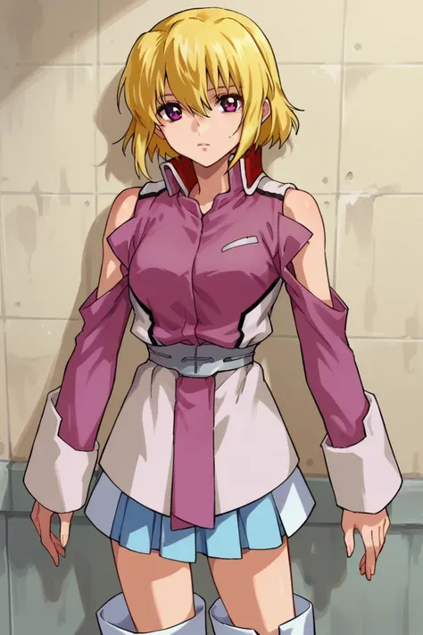 score_9,score_8_up,score_7_up,score_6_up,score_5_up,score_4_up,anime coloring,source_anime,stella,1girl,solo,purple eyes,blonde hair,short hair,pink jacket,shoulder cutout,blue one-piece,thigh boots,leaning_back,against wall,indoors,looking_at_viewer,