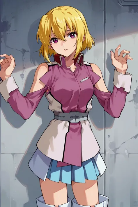 score_9,score_8_up,score_7_up,score_6_up,score_5_up,score_4_up,anime coloring,source_anime,stella,1girl,solo,purple eyes,blonde hair,short hair,pink jacket,shoulder cutout,blue one-piece,thigh boots,leaning_back,against wall,indoors,looking_at_viewer,