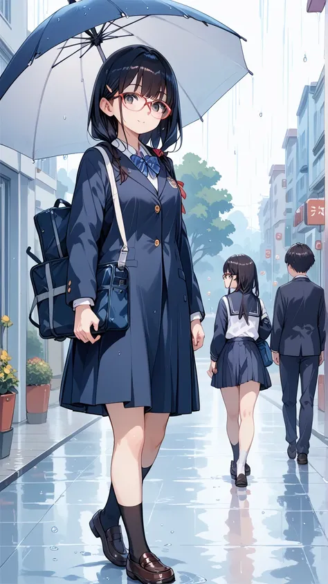 Black hair, glasses, Japanese high school girl, walking to school in the rain with an umbrella