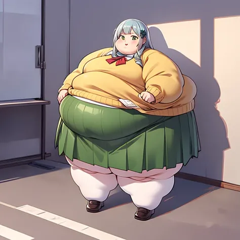 masterpiece,  best quality, Advanced Details ,  very obese ,  girl,  cute,  high school student, Standing on the floor,  very obese , A stomach that sticks out very much, very big legs , Wear a uniform, light yellow sweater,  green skirt ,  long skirt,  fu...