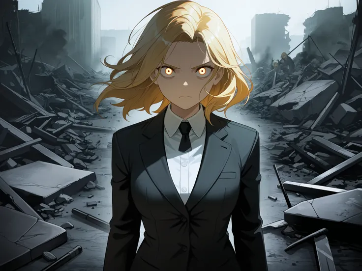 Short golden hair blown and tousled by the wind, upright hair, serious expression, deep gaze, distinct facial features,
Figure in a dark suit, characterized by red and blue as secondary colors, exquisite and mature manga illustration art style, high resolu...