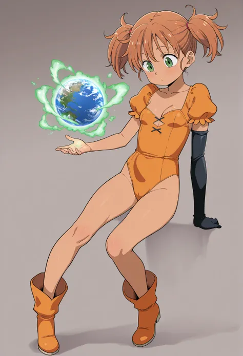 high resolution,masterpiece, best quality, amazing quality,source_anime, Nanatsu no Taizai, 1girl,  short twintails, brown hair, green eyes, small breasts, young, ,                                
orange leotard, cleavage,collarbone, single elbow glove, da...