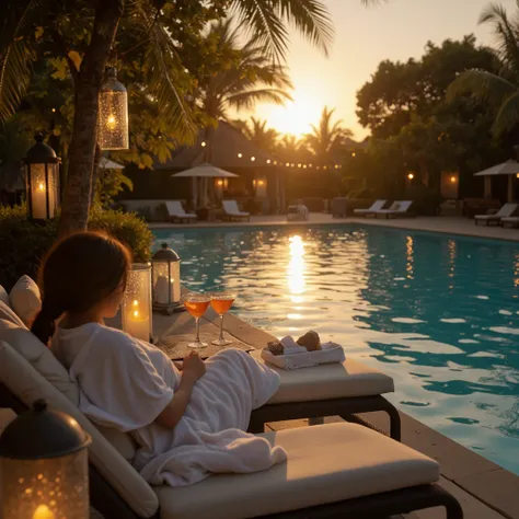 A luxurious poolside setting at sunset, where the golden glow of the sun reflects off the shimmering turquoise water. Soft lanterns and string lights cast a warm ambiance, while a sleek lounge chair sits beside the pool, draped with a light towel. A chille...