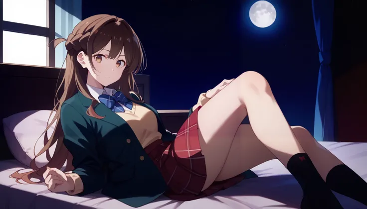  staring at viewers , Alone, Chizuru Ichinose, 1 GIRL, brown hair, long hair, french braid, brown eyes,  school's, green jacket, yellow sweater , bow tie,  plaid skirt, red skirt,  black socks, In a completely dark infirmary, bed,  window_,Midnight circa 1...
