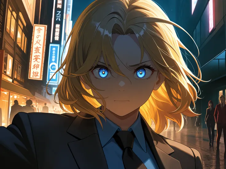 Short golden hair blown and tousled by the wind, upright hair, serious expression, deep gaze, distinct facial features,
Figure in a dark suit, red and blue are characterized as secondary colors, exquisite and mature manga illustration art style, high resol...