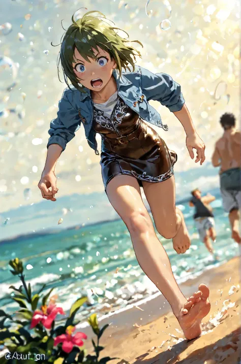 (Girl): Japanese manga style, medieval fantasy style, low angle from diagonal left, dynamic angle, dynamic action, (perfect face), (detailed clothes), summer sea sunlight, one woman, full body of woman, surprised and annoyed expression, yellow-green hair, ...