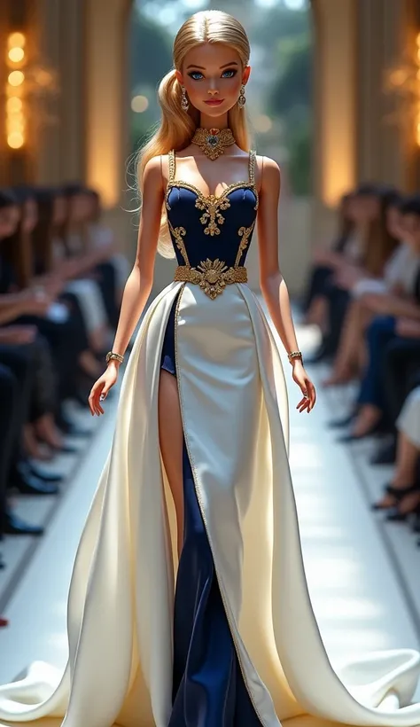 Barbie em um vestido White e navy blue com brincos de ouro, Elegant haute couture, wearing designer dress, White + navy blue + golden details , Big throat, detailed gold collar , detailed gold collar !!!!!, luxurious fashion , sophisticated dress, vestido ...