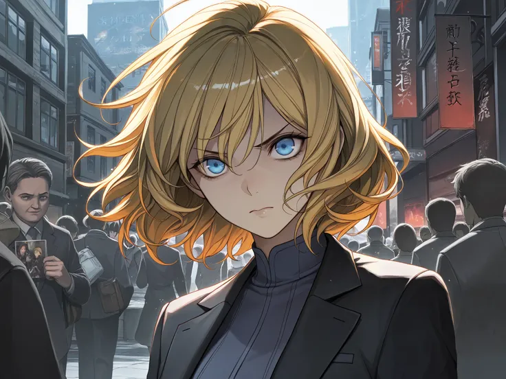 Short golden hair blown and tousled by the wind, upright hair, serious expression, deep gaze, distinct facial features,
Figure in a dark suit, red and blue are characterized as secondary colors, exquisite and mature manga illustration art style, high resol...